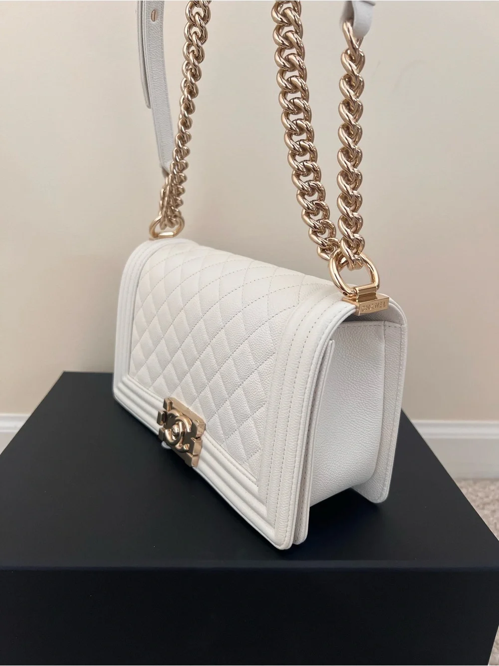 Chanel Caviar White Medium Boy Bag with Champagne Gold Hardware